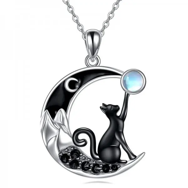 Kreative schwarze Katze Kristall Mond Anhänger Halskette für Frauen süße Kätzchen Mondstein Halsband Paar Y2K Schmuck Geburtstag Party Geschenk