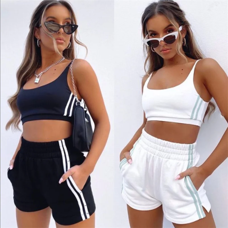 

Casual Drawstring Biker Shorts Sets Women Sportswear Halter Crop Top + Shorts Summer Athleisure Outfits Solid Two Piece Set