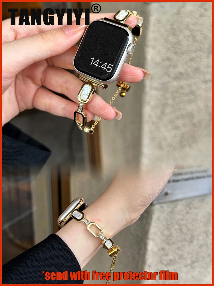 

Ремешок для Apple Watch Series 9 8 7 6 SE 5 4 38/40/41/42/44/45 мм iWatch Ultra 2 49 мм, роскошный блестящий металлический браслет в виде ракушки