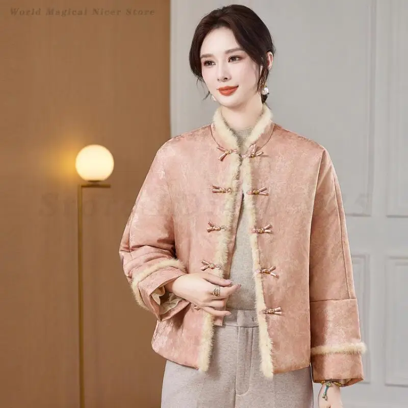 

Elegant New Chinese Style Jacket Women's Winter Warm Thin Cotton-Padded Coat Loose Fit Retro Outerwear for Ladies Tang Top