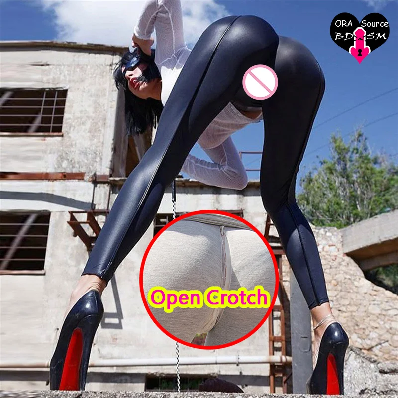 Woman Sexy PU Open Crotch Leggings Leather Outdoor Sex Fitness Gym Hot Pants Breathable Erotic Clubwear Sport Adult Cloth