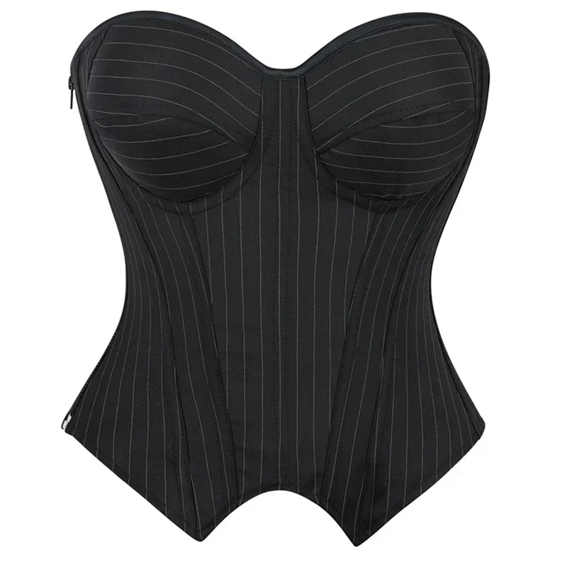 Women Elegant Corset Office Striped Corsets Zip Up Bustier Pinstripe Korsett Casual Bustiers Fashion Outfits Party Costumes