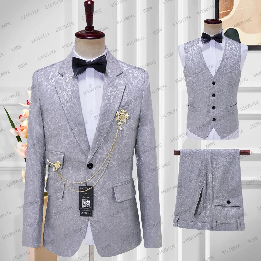 

2023 Fashion New Men's Casual Boutique Business Wedding Grey Jacquard Floral Suits 3 Pcs Set Dress Blazer Jacket Pants Vest Coat