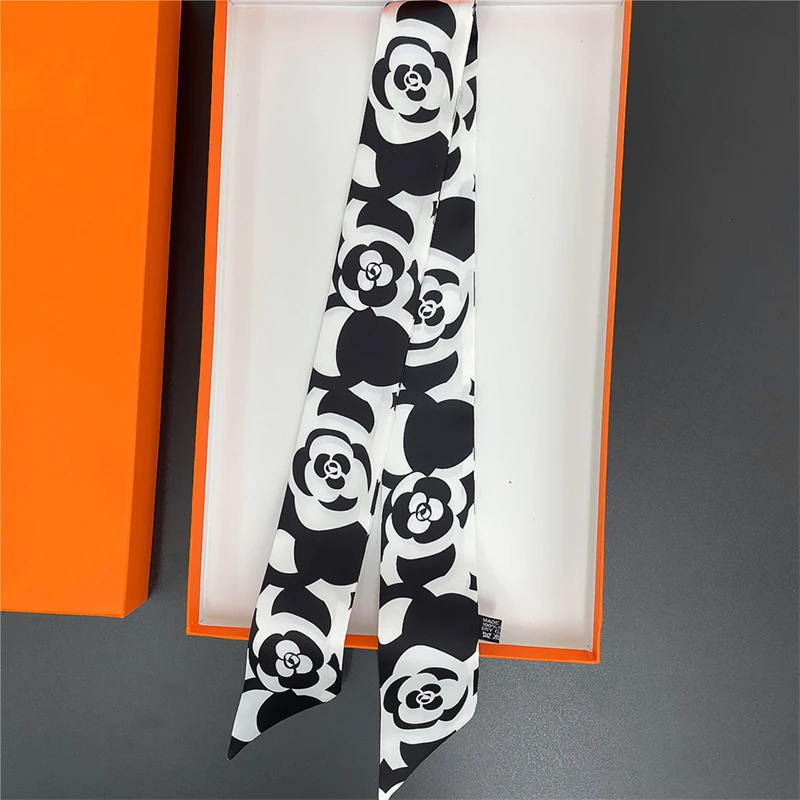 Long Silk Scarf For Women Luxury Hairband Black And White Plain Color Print Wrap Bag Ribbon Fashion Foulard Women\'s Headscarf