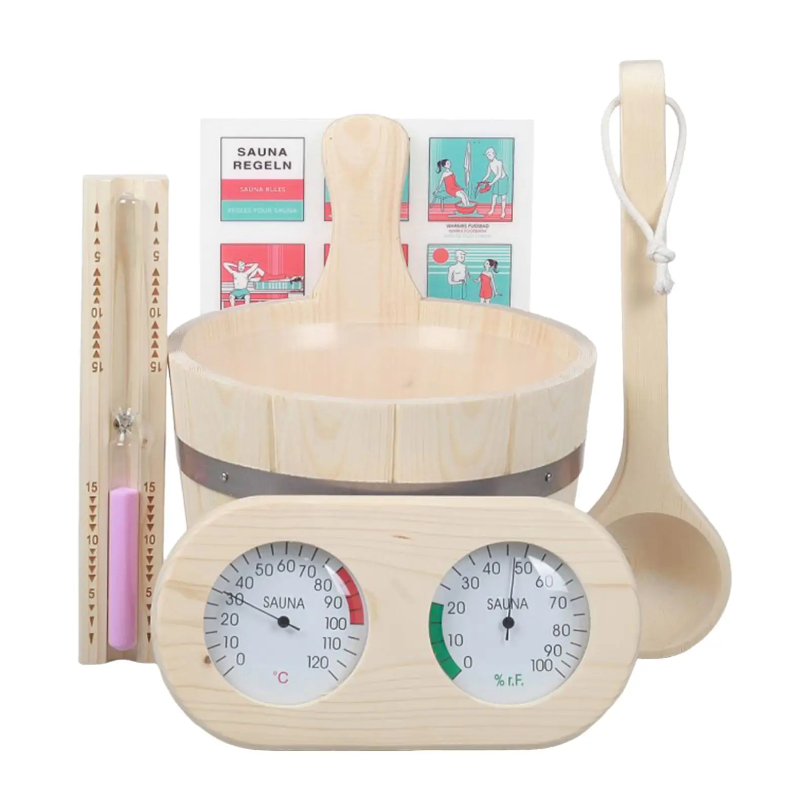 

5 Pieces SPA Accessory Hourglass Sauna Bucket and Ladle Set Thermometer and Hygrometer for Bathroom Sauna Steam Room