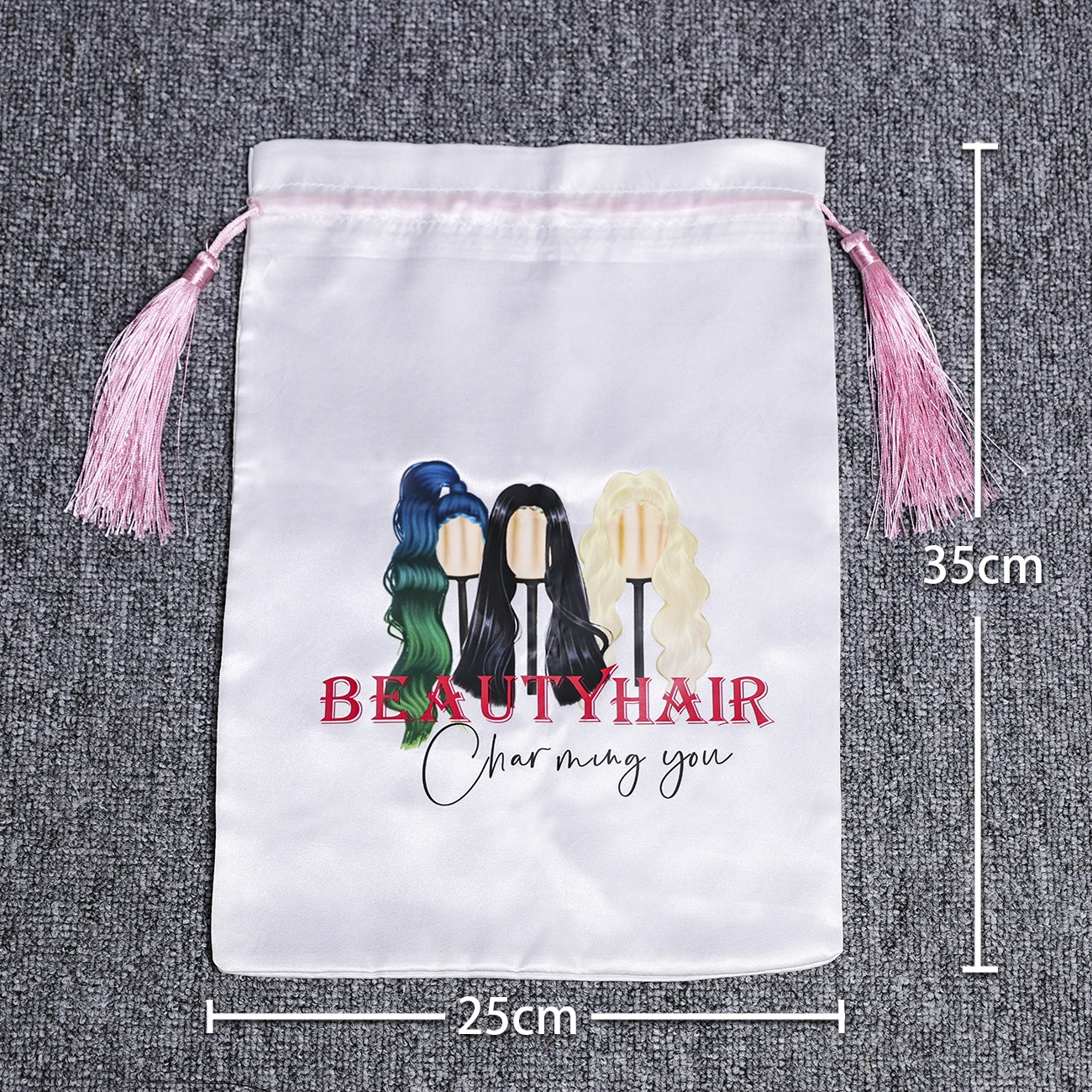 5Pcs Printed Logo Wig Bags With Tassel Custom Drawstring Satin Hair Storage Bag For Bundles Black Soft Silk Pouches Travel Bags