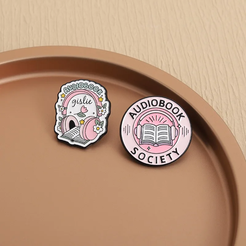 Creative Audiobook Society Badge Brooch Pins Cute Pink Color Theme Floral Books Earphone Design Enamel Lapel Pin Accessory Gift