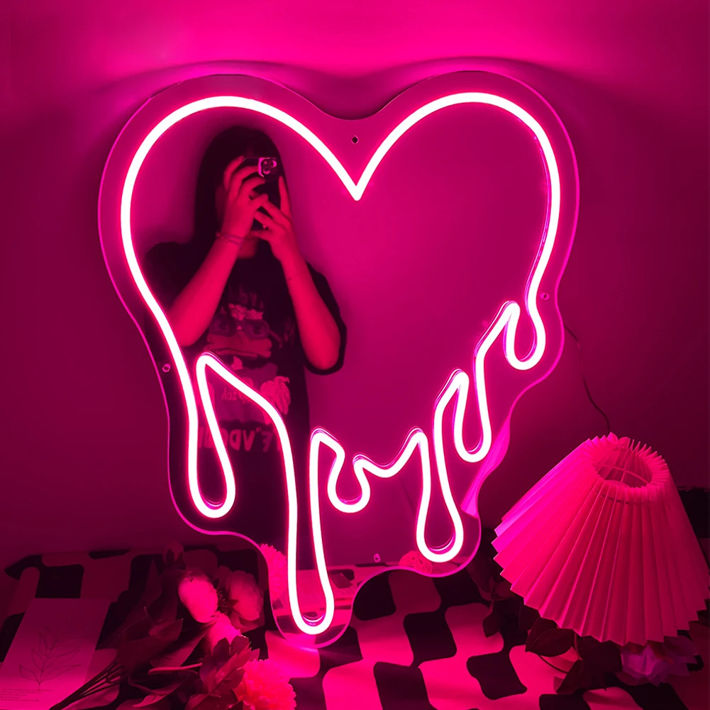 Melt Heart-Shaped Neon Mirror-Dimmable USB Powered LED Light with Adjustable Brightness-Perfect Wall Decor for Room BirthdayGift