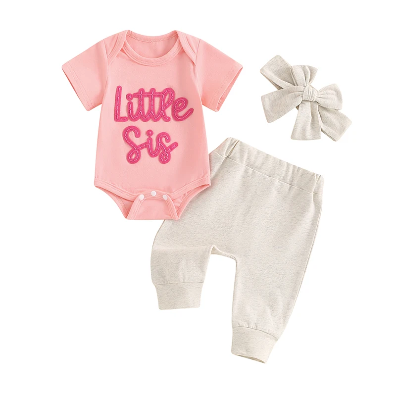 

Newborn Baby Girl Clothes Little Sister Short Sleeve Letter Embroidery Romper Pants Headband 3Pcs Outfit