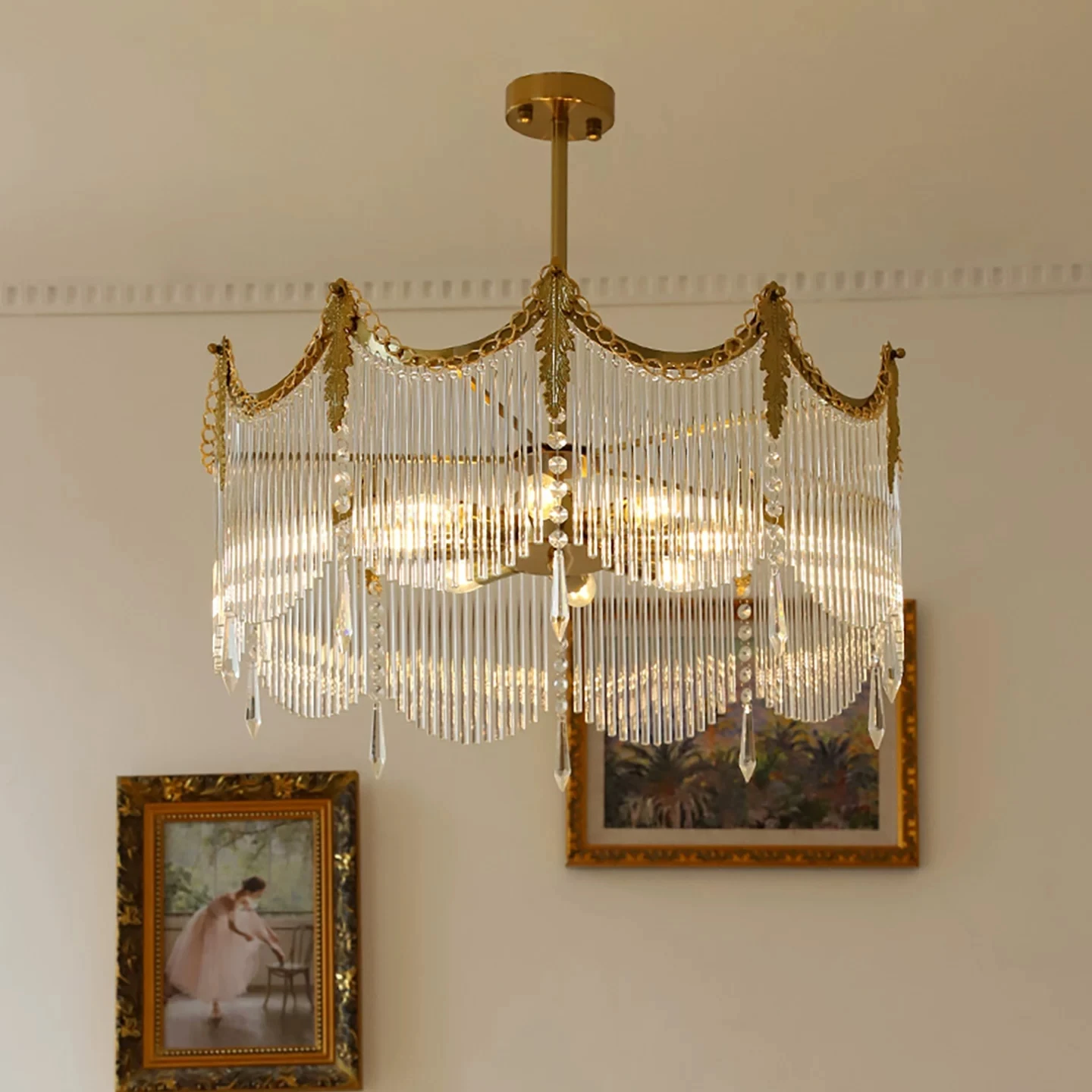French retro palace crown crystal glass pendant light American light luxury living room dining room bedroom study tassel light