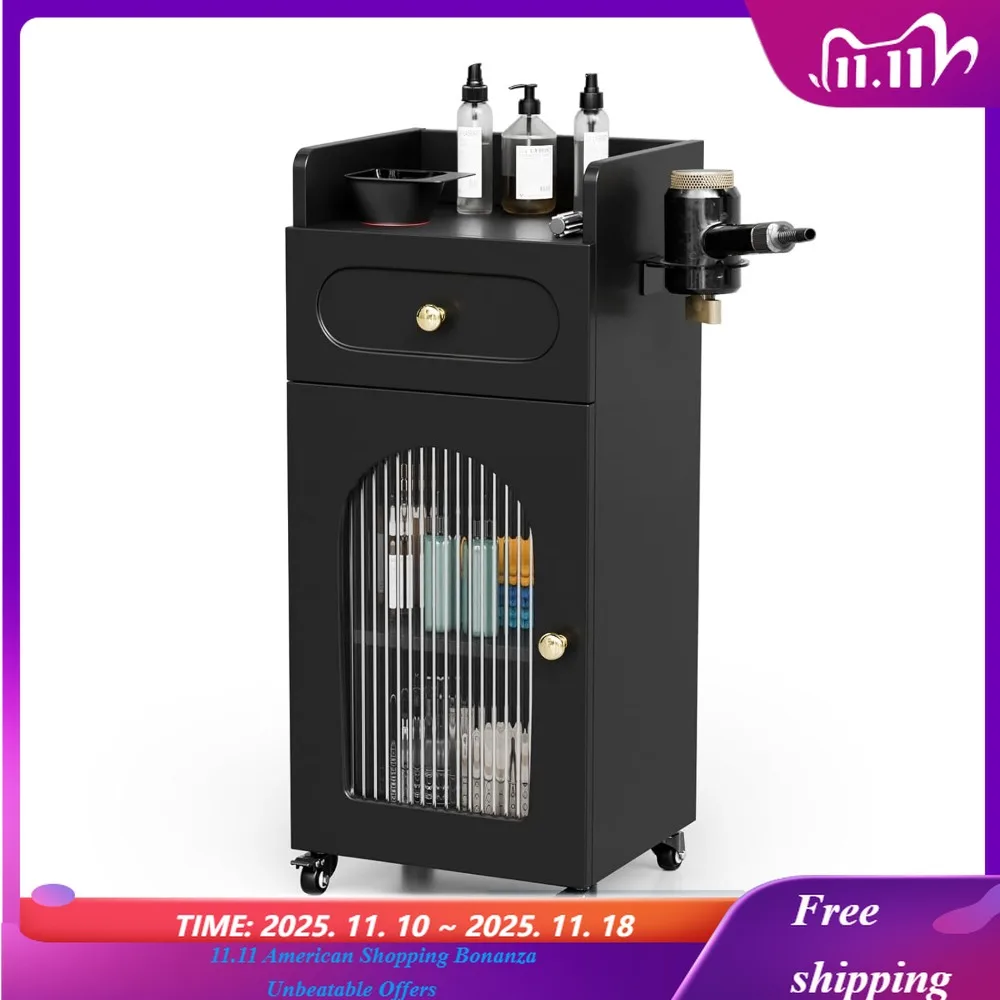 عربة صالون بعجلات، عربة تجميل دوارة من 3 طبقات مع باب زجاجي وحامل مجفف، محطة تصفيف شعر متنقلة للحلاق