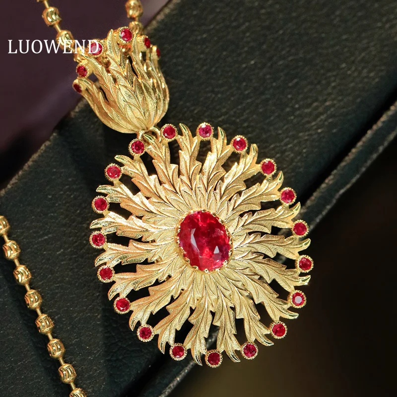 

LUOWEND 100% 18K Yellow Gold Pendant Vintage Phoenix Shape Real Natural Ruby Necklace Pendant for Women High Party Jewelry