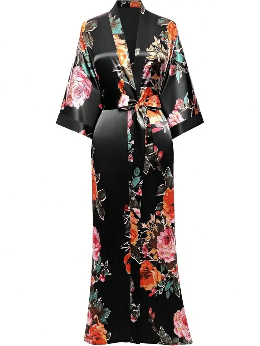 

Womens Long Satin Floral Kimono Robe Lightweight Bridesmaid Wedding Party