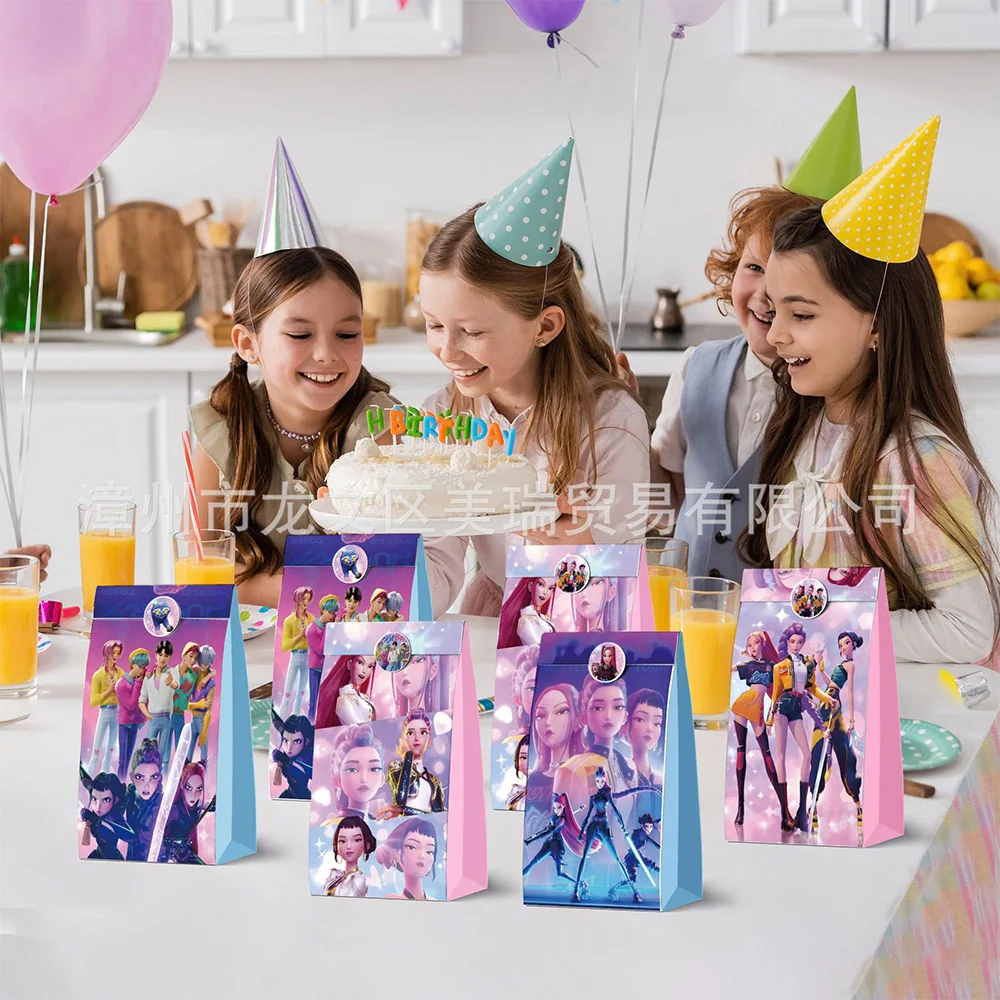 12 Uds KPop Demon Hunters HUNTR/X bolsa de papel pegatina sellada bolsillo fiesta temática bolsa de dulces bolsa de regalo juguetes de regalo Kraft