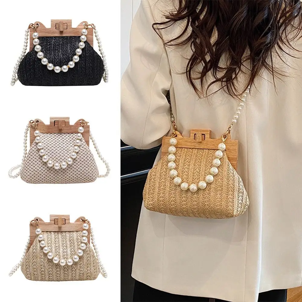 

Luxury Designer Weave Straw Shoulder Bag Wooden Top Clip Pearl Chain Handle Women Handbags Female Handbag Summer