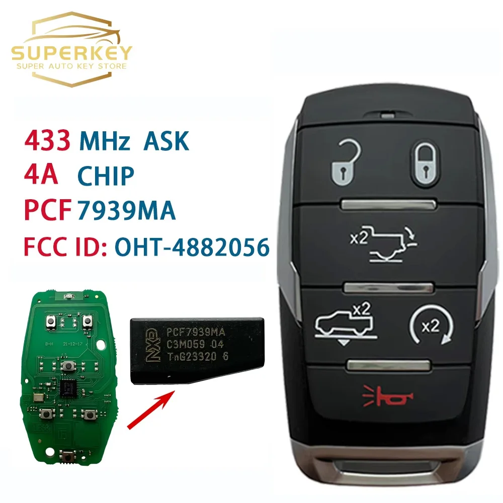 

SUPERKEY OHT-4882056 433MHz ASK PCF7939MA HITAG AES Smart Remote Car Key 4A Chip Fob For Dodge Ram 1500 Pickup 2019 2020 2021