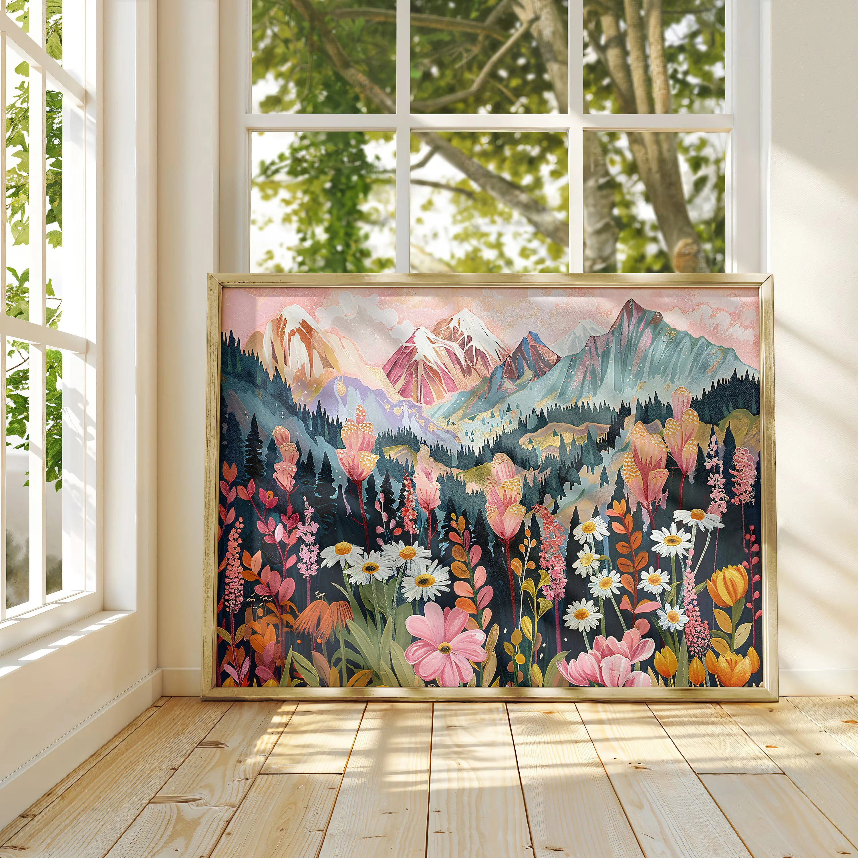 

Colorful spring wildflowers landscape art print. Bright mountain wildflowers floral landscape poster. Home decor. Birthday gift
