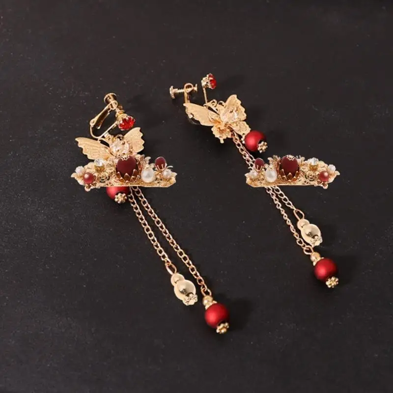 A52E Bride Retro Chinese Hair Ornaments Tassel Women Wedding Headdress Earrings Set Han Clothing Accessories