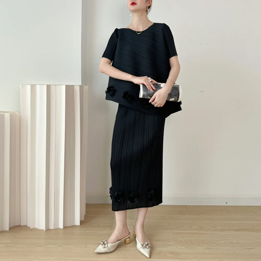 

Miyake Pleated Irregular Set Summer New Women's Fashion Age Reducing Temperament Embroidery Advanced Loose Two Piece Set