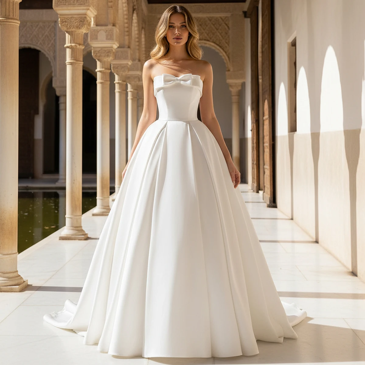 

Elegant Satin Strapless Wedding Dress With Bow Long Ball Party Gown For Bride Pleated Bridal Gown For Women Vestidos Novia