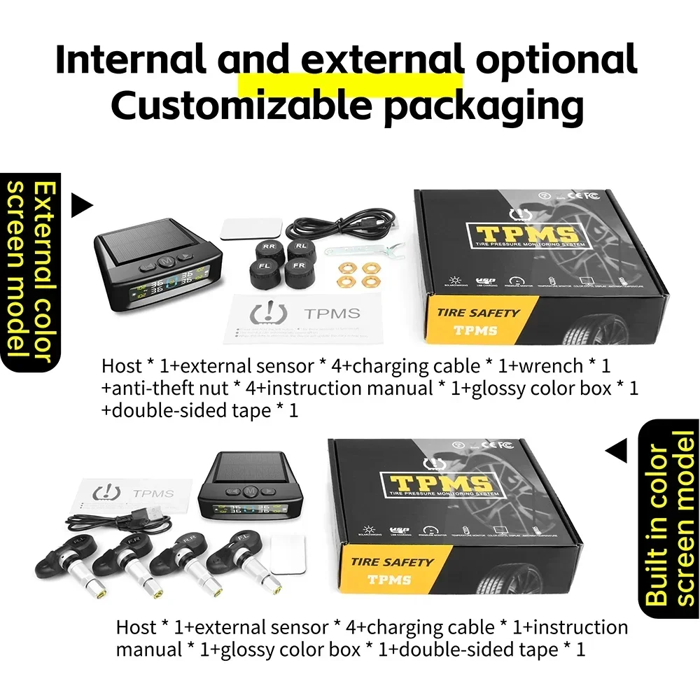 TPMS Lastik Basıncı İzleme Sistemi Araç Güvenlik Alarm Sistemi Renkli Dijital Ekranlı Kablosuz Güneş Enerjili USB ile Çalışan 4 Sensör