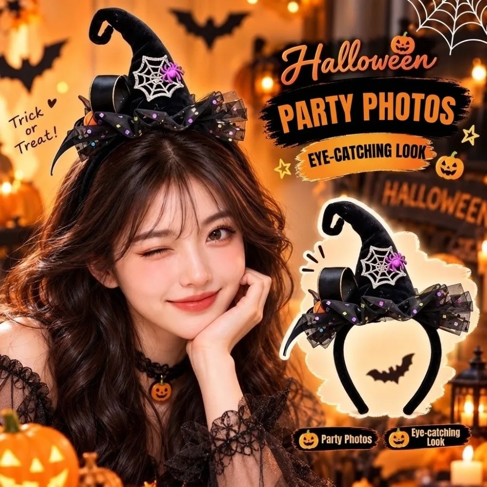 Personality Spider Halloween Headband Ghost Pumpkin Witch Hat Headband Party Decor Hat Cartoon Cone Hat Hair Hoop Lady