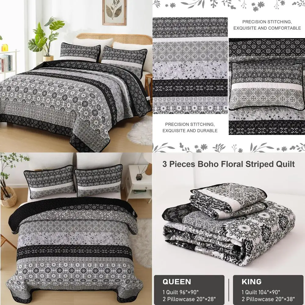 

Комплект постельного белья в стиле бохо, размер Queen, черный, с полосатым узором, пэчворк, 3 предмета, для всех сезонов (96x90 дюймов)