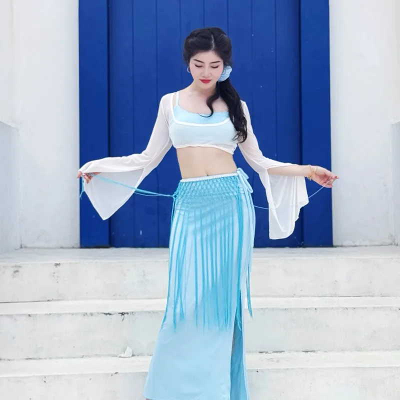 Customized Belly Dance Costume High-end Blue and White Tassel Performance Set Sexy Temperament Plus Size Top and Skirt Hip Towel