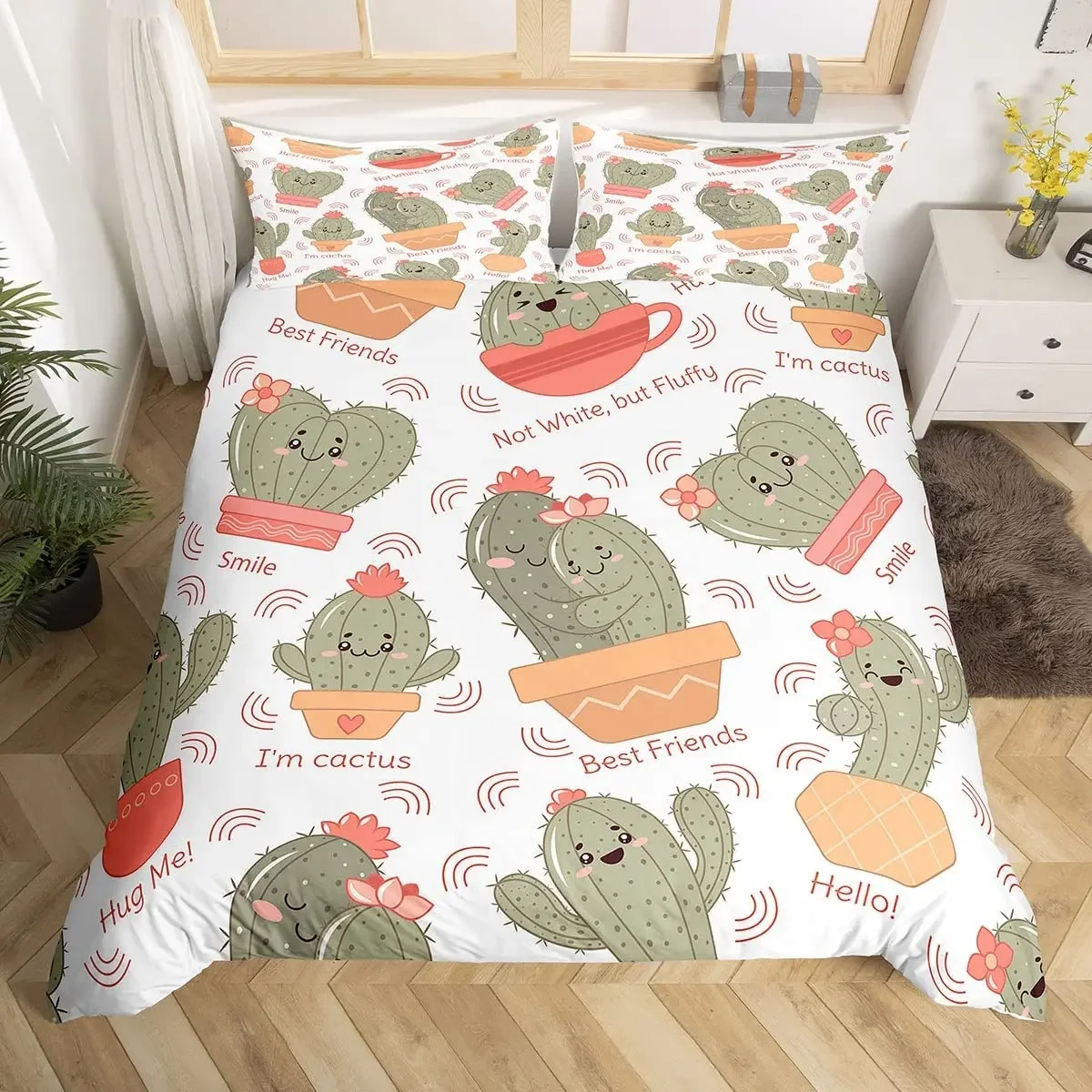 

Lovely Cactus Duvet Cover Queen Cute Desert Botanical Bedding Set Microfiber Cartoon Flowers Comforter Cover 2/3pcs for Boy Teen