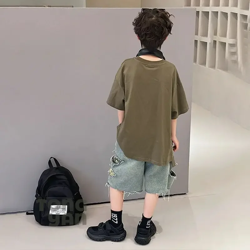 

Boys' Short Sleeved T-shirt Summer Outfit 2026 New Children's Irregular Short Sleeved Loose Top