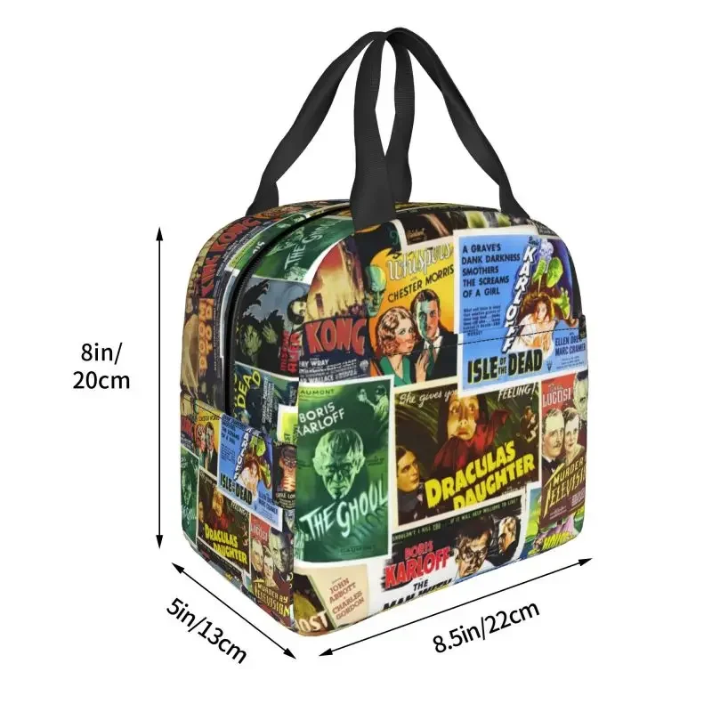 Vintage Horror Movie Insulated Lunch Bag for Camping Travel Frankenstein Cooler Thermal Bento Box Kids Food Container Tote Bags