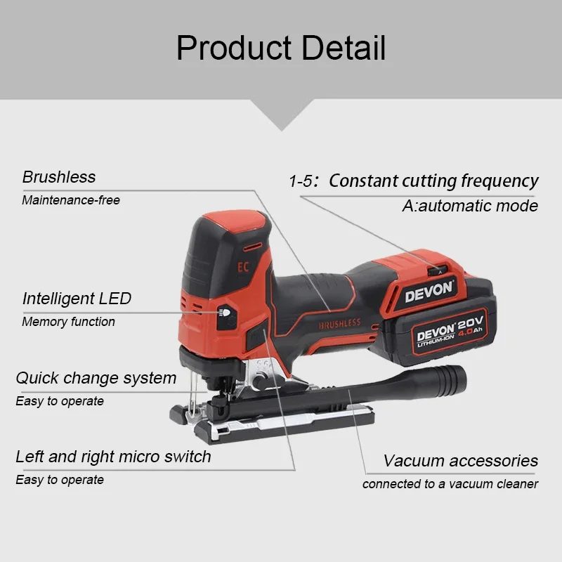 Devon 5831 Cordless Jig Saw Brushless 20v 800/3500T/min Multi-mode Cutting Speed and Angle Adjustable Universal Flex Battery