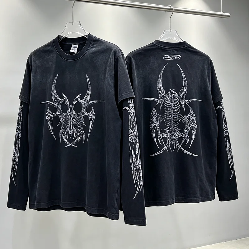 Fall Winter Latest Styles Unisex CHEW Black Fake Two Piece Gothic Skeleton Print Casual Streetwear Long Sleeve Top