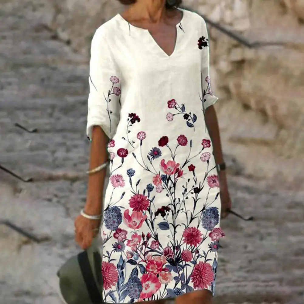 2023 Floral Print Women Dress V Neck Summer Half Sleeve Loose Dress Beach Dress Summer Casual Everyday Dress Dating Midi Dress