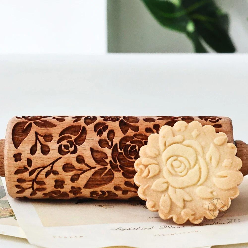 Rose Flower Pattern Rolling Pin Roller Wooden Embossing Fondant Biscuit Cookie Mold Hand Pressure Sugarcraft Baking Accessories