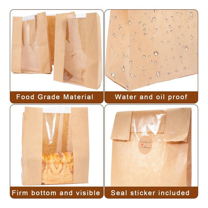 100 Packs Paper Bread Storage Bags With Clear Window Bread Bags With Seal Stickers For Cookies, Candies And Treats