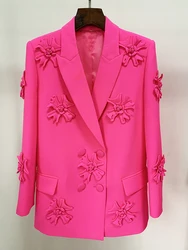 Veste de créateur de mode pour femme, appliques de fleurs stéréoscopiques, blazer long à double boutonnage, haut de gamme, ET, le plus récent, 2024