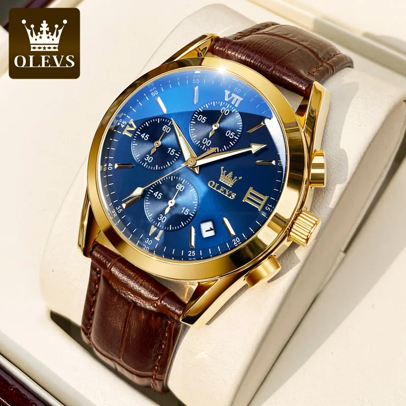 

2021 OLEVS New Fashion Mens Watches Top Brand Luxury Quartz Watch Premium Leather Waterproof Sport Chronograph Watches For Men