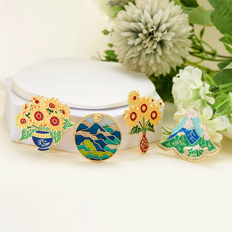 Rinhoo Retro Mountain Daisy Flower Plant Leaf Enamel Brooches Pin For Fashion Women Buckle Pins Badge Jewelry Gift