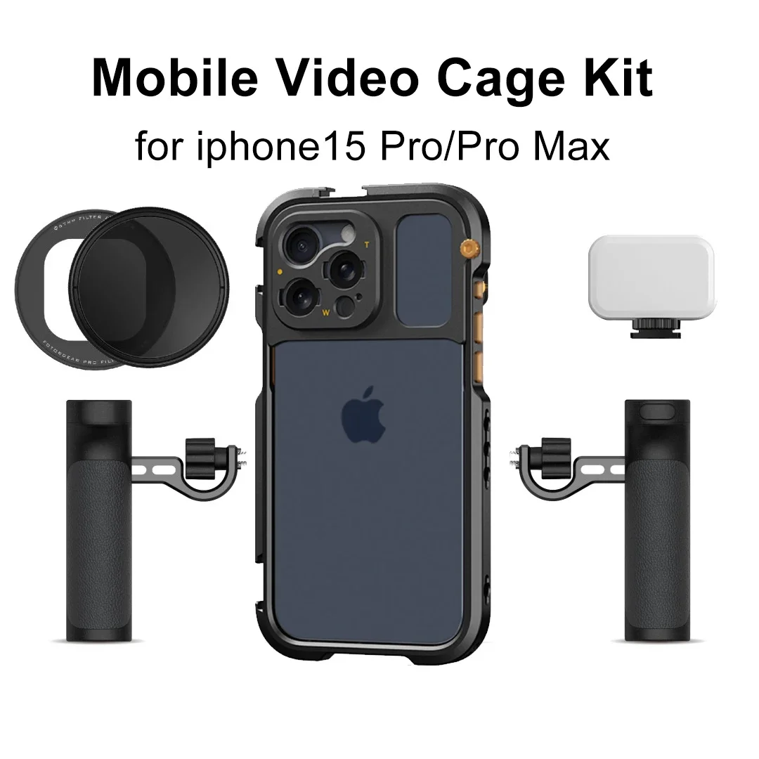 Fotorgear Mobile Video Cage Side Handle Kit for iPhone 15 Pro / iPhone 15 Pro Max SmartPhone Cage for Videoing Vlogging T Mount