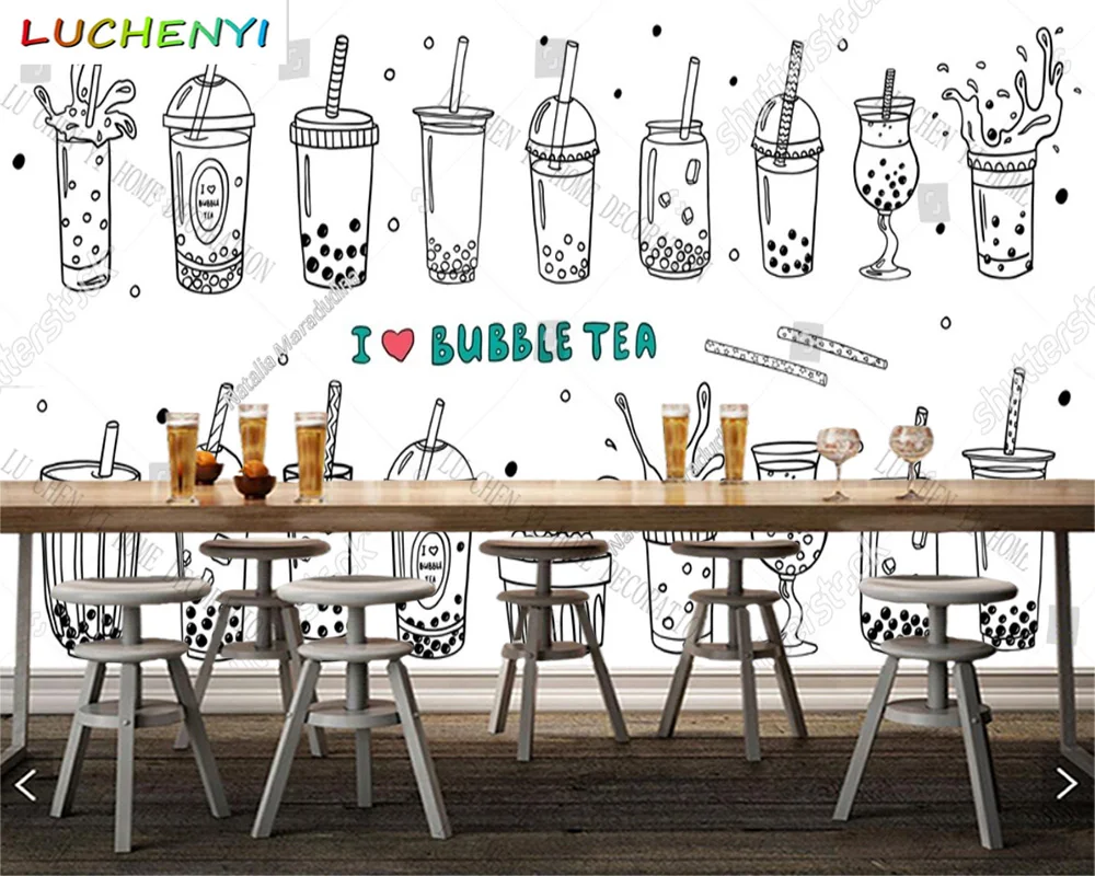 Custom hand painting bubble fruit tea juice mural wallpaper restaurant drinking shop dining room wall papers home decor sticker