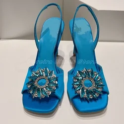 Blue Glittering Rhinestone Flower Sandals Stiletto Open Toe Sexy Ladies Dress Party Shoes 2024 Women Shoes New Trend