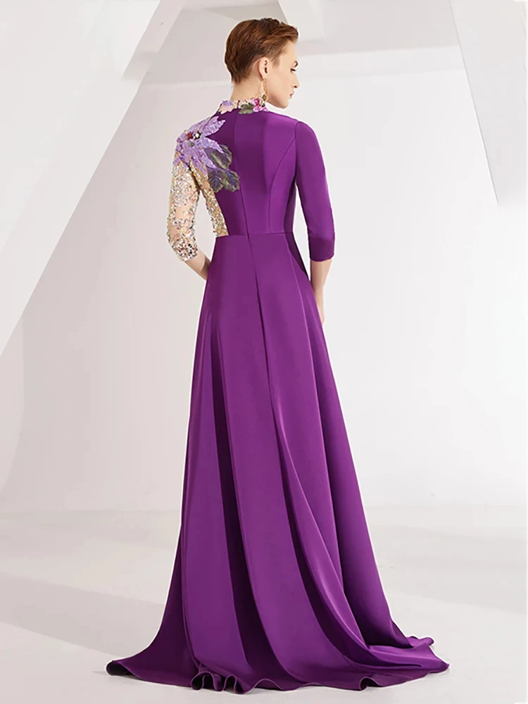 Half Sleeves Purple Evening Dress O-neck Sequins Beadings Formal Occasion Prom Gown Women Elegant Mother of the Bride Dresses