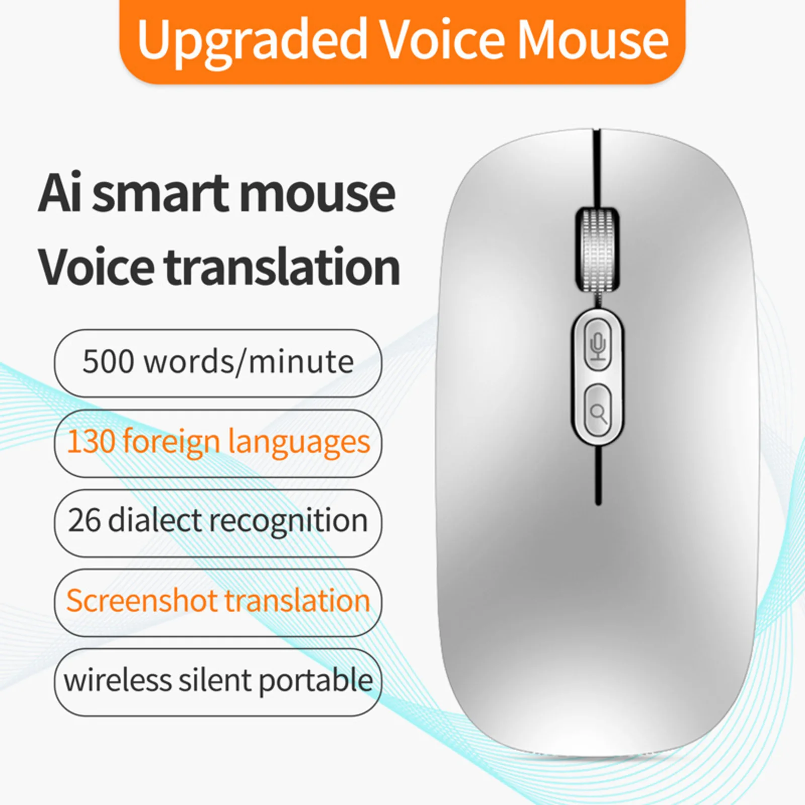 AI Smart Voice Mouse 2.4G BT Dual Mode Rechargeable 500 Words Per Minute Voice Typing 130 Languages Translation Portable Mice