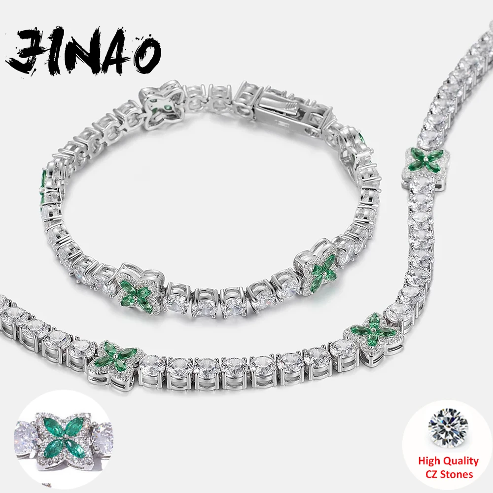 JINAO 5MM Green CZ Stone Hip Hop Tennis Bracelet Lucky Clover Spring Clasp Luxury Shiny Jewelry Y2k Man Rapper Gift
