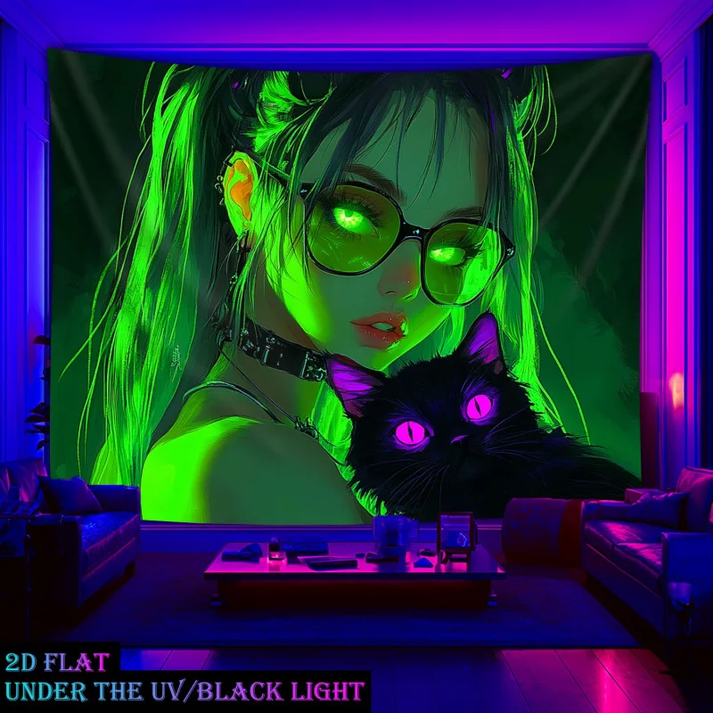 VIKAMA Cyber Girl And Cat Tapestry Dark Trendy Style Gaming Room Renovation Background Wall Wear Resistant Multi Scene Wall Hang