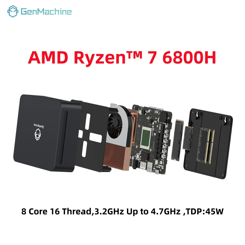 GenMachine Ryzen 7 6800H Mini PC 3.2GHz-4.7GHz TDP 45W Windows 11 DDR5 16G 6400Mhz WIFI6 Mini Pc Gaming Computer Ordenador