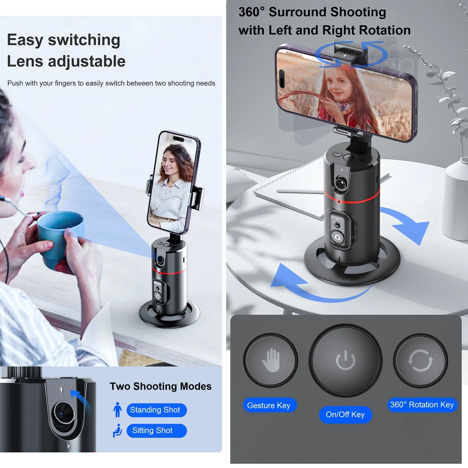 Auto Face Tracking Tripod 360° Rotation, Auto Tracking Phone Holder Remote Moving Tripod for Live Video Vlog