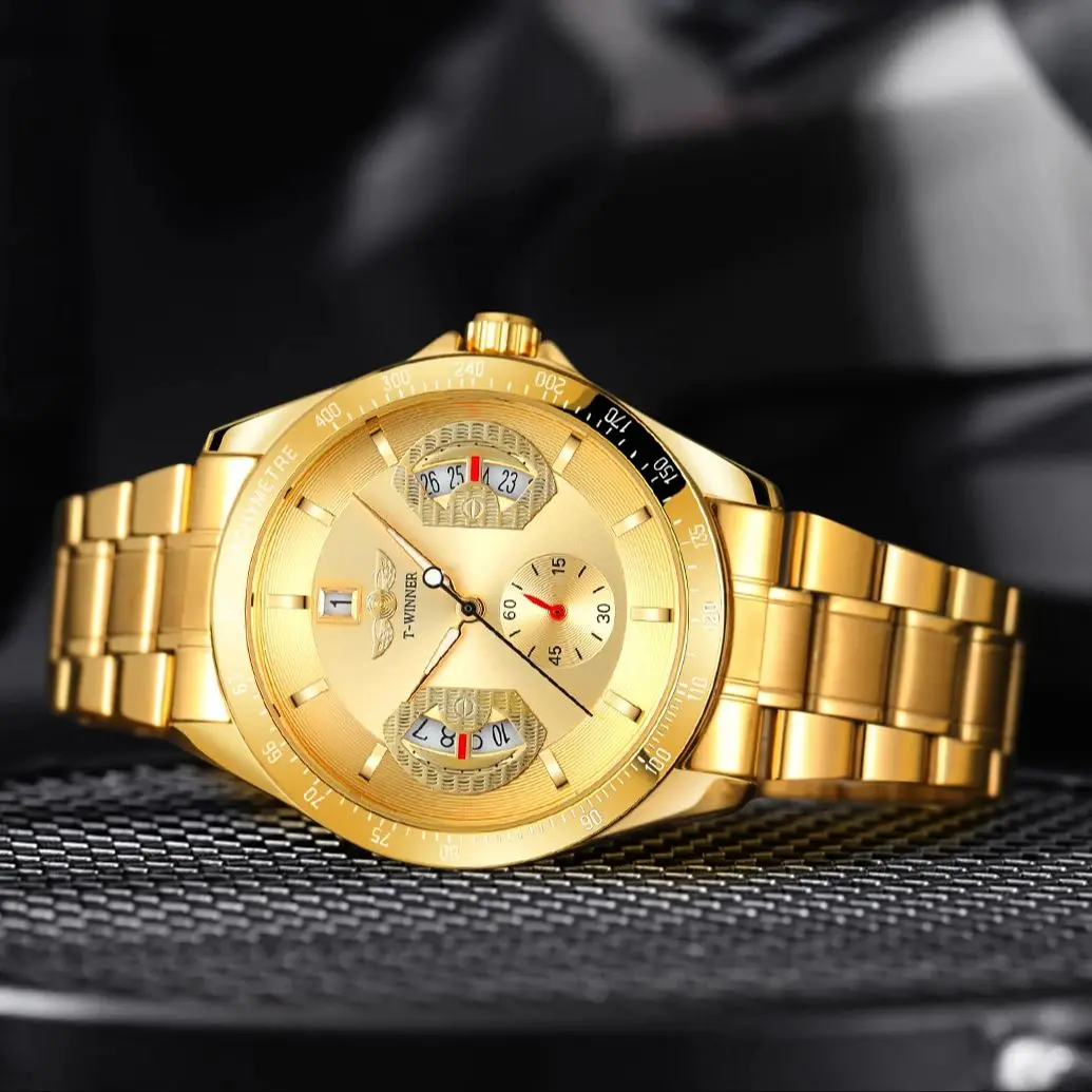 WINNER Sports Gold Automatic Watch for Men Date Display Luminous Hands Stainless Steel Strap Top Brand Luxury Mechanical Watches