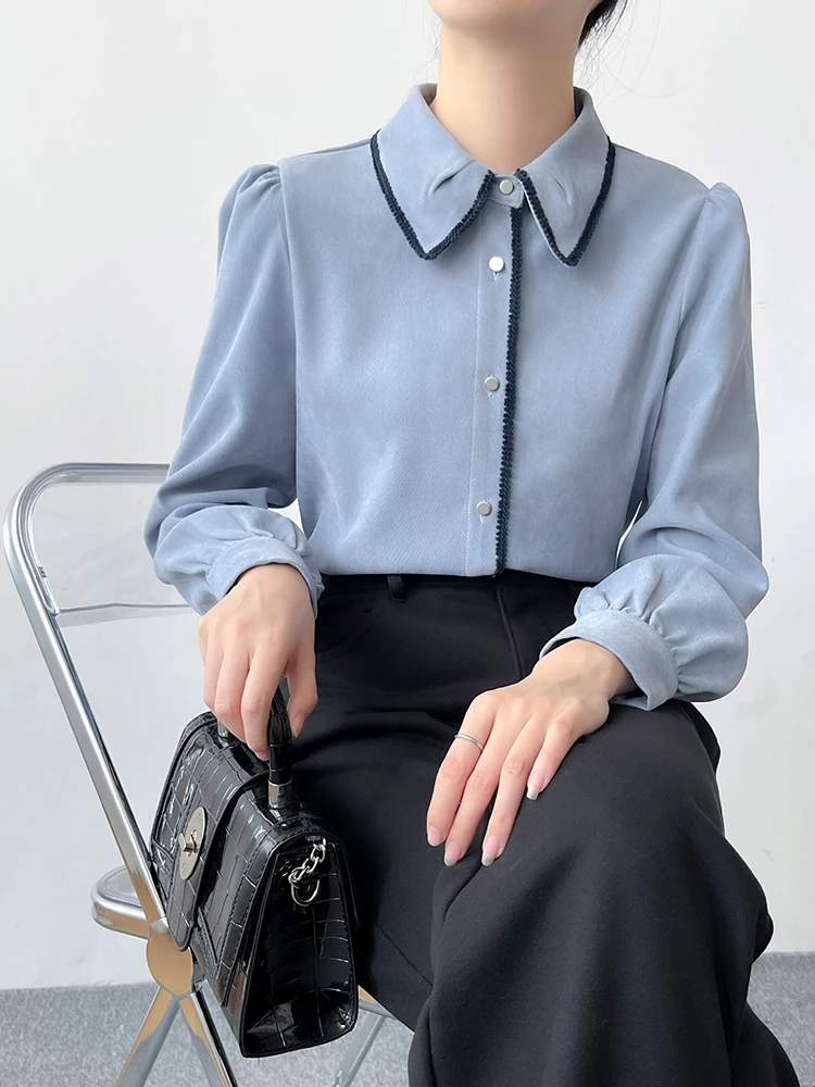 

Корейский Sle Long Sve Fce irt Женский модный синий многослойный топ для поездок на работу и профессиональной внутренней одеждой